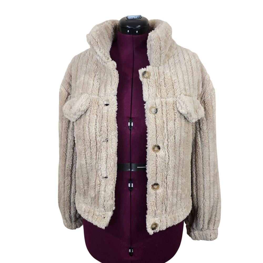 Women's Beige Fleece Cropped Oversized Jacket | Size Small